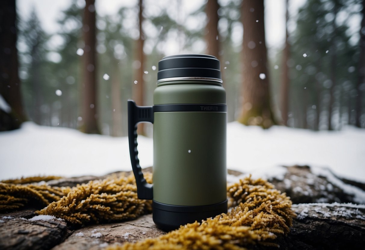 A hot drink thermos sits on a snowy wildlife watching scene, surrounded by cozy layers and winter gear