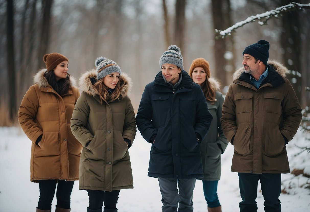 A group of wildlife watchers bundle up in warm clothing as they observe the changing weather patterns. They huddle together, surrounded by trees and animals, as they take in the beauty of nature