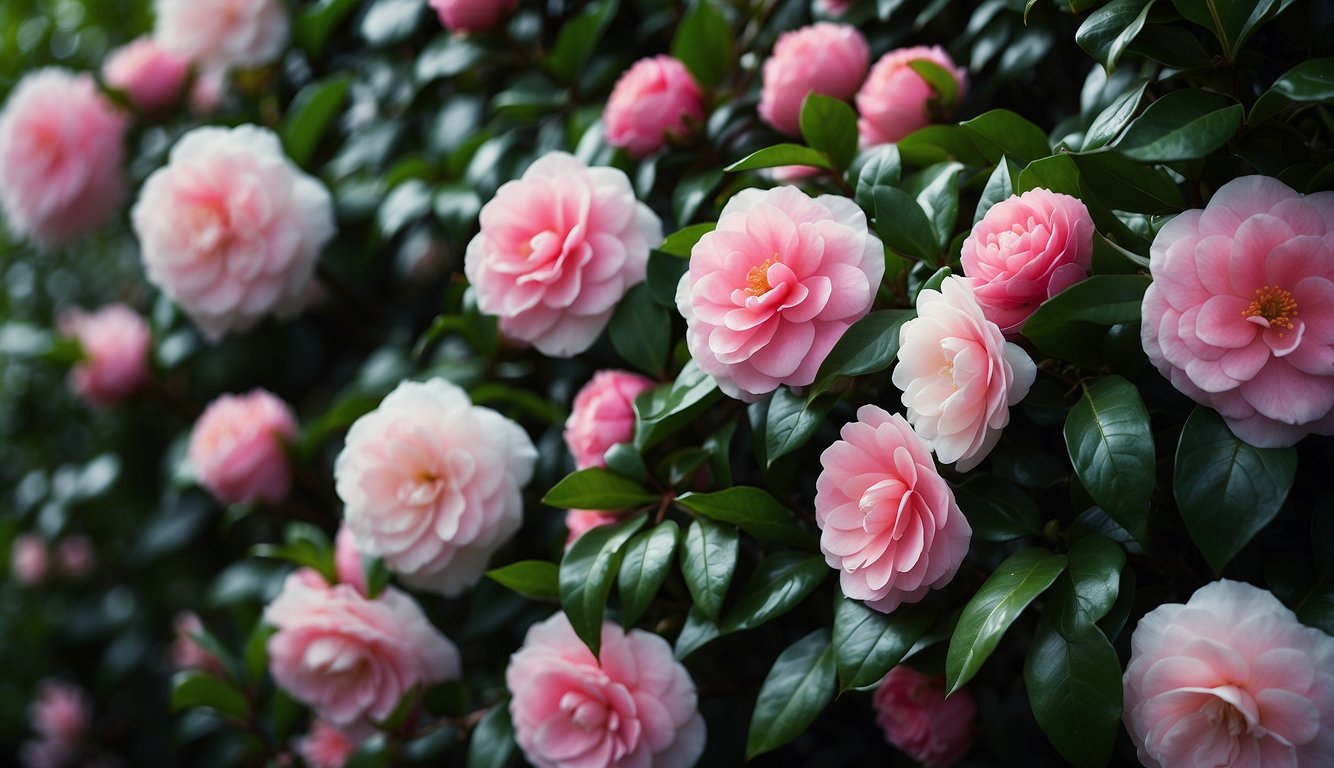 A lush camellia hedge in full bloom, with vibrant pink and white flowers against a backdrop of deep green leaves