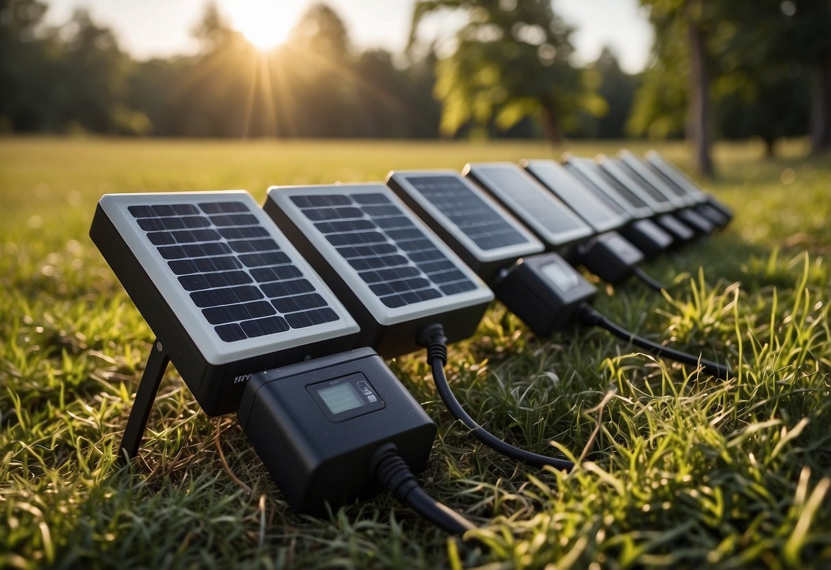 A group of solar chargers arranged on a grassy field, with a backdrop of trees and wildlife. The chargers are facing the sun, capturing its energy to power devices for wildlife watching trips