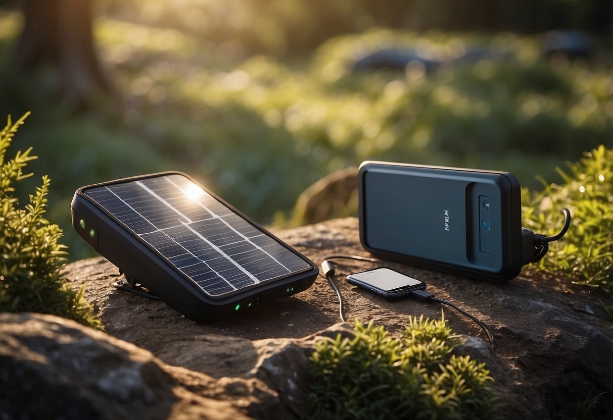 The Anker 21W Dual USB Solar Charger is set up in a lush, natural environment, with sunlight streaming onto it. Nearby, wildlife can be seen in the distance, such as birds or deer