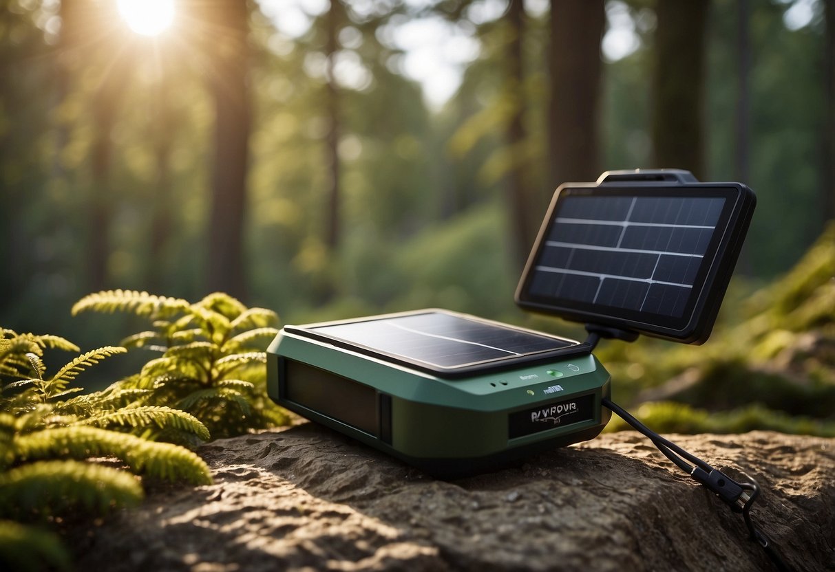 A sunny forest clearing with a RAVPower 24W Solar Charger set up on a flat rock. The charger is connected to a camera and binoculars, indicating a wildlife watching trip