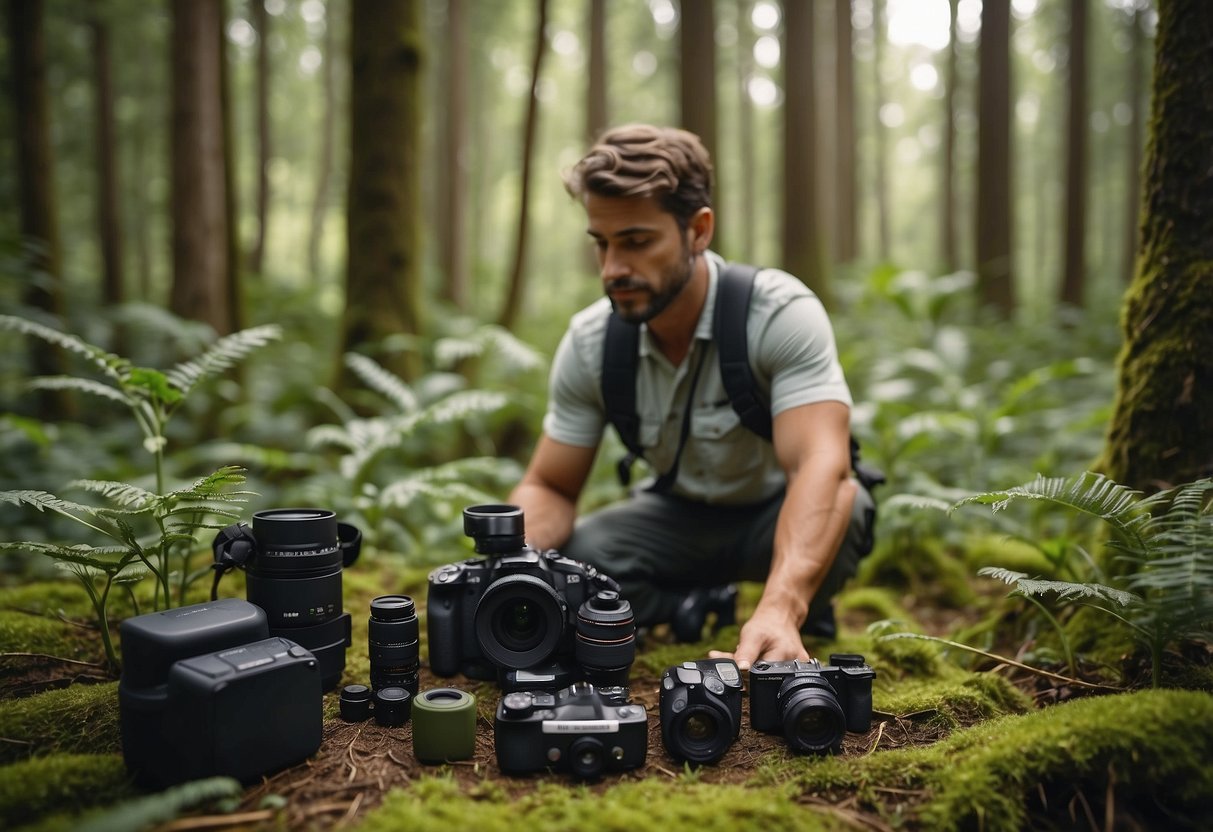 A wildlife enthusiast sets up a solar charger in a lush forest clearing, surrounded by binoculars and a camera, ready for a day of wildlife watching