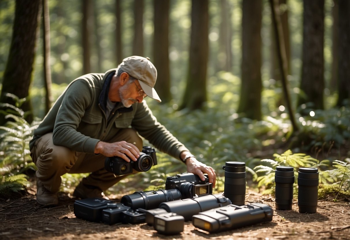 A wildlife watcher sets up a solar charger in a forest clearing, surrounded by binoculars and camera equipment. The sun shines brightly overhead, powering the charger as the watcher waits for animal sightings