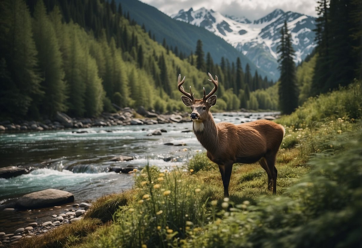 Lush forest with diverse wildlife, including deer, birds, and bears, near a tranquil river with a backdrop of snow-capped mountains