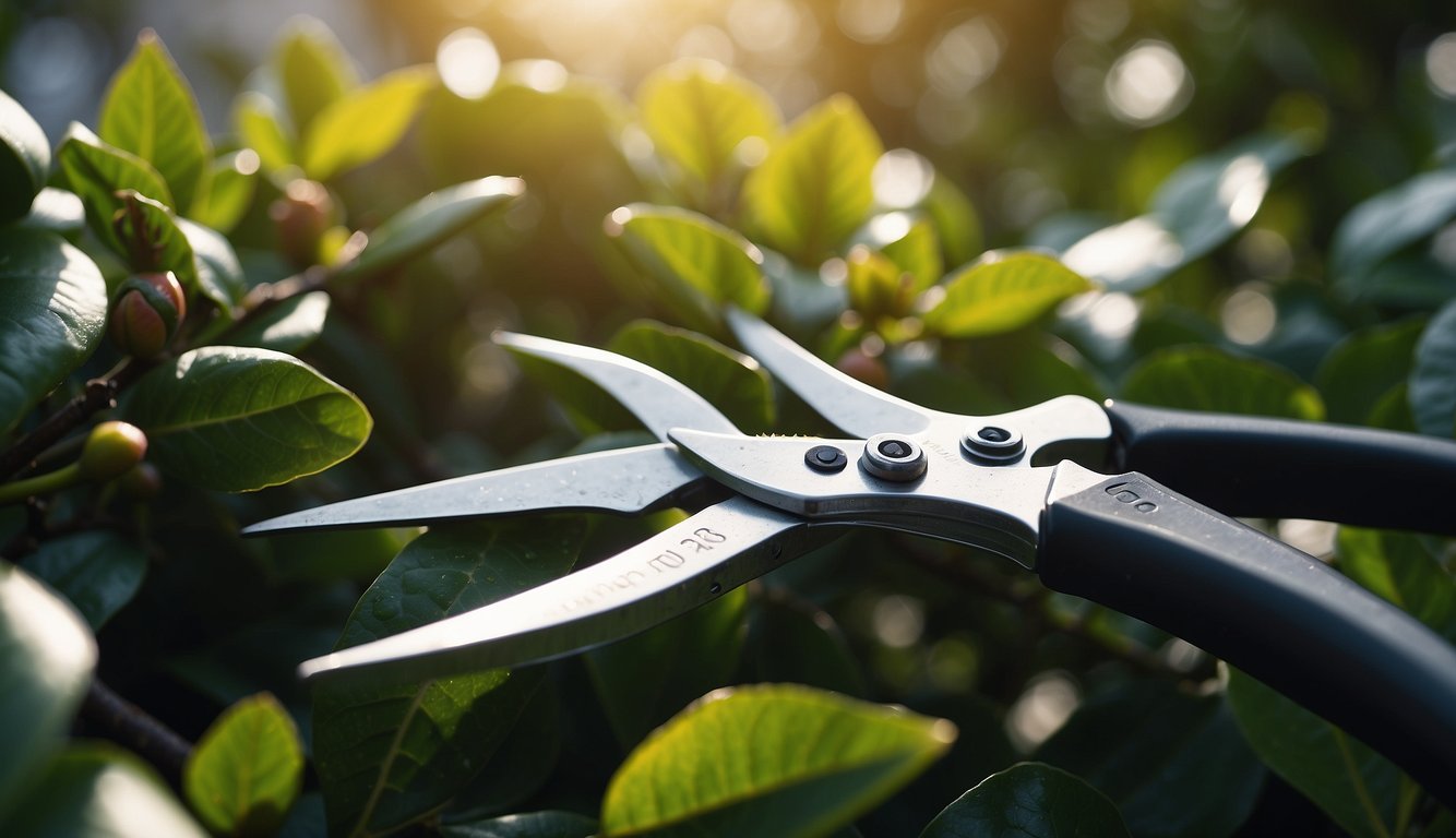 A pair of pruning shears trims a lush camellia hedge, sunlight filtering through the leaves. A bag of fertilizer sits nearby