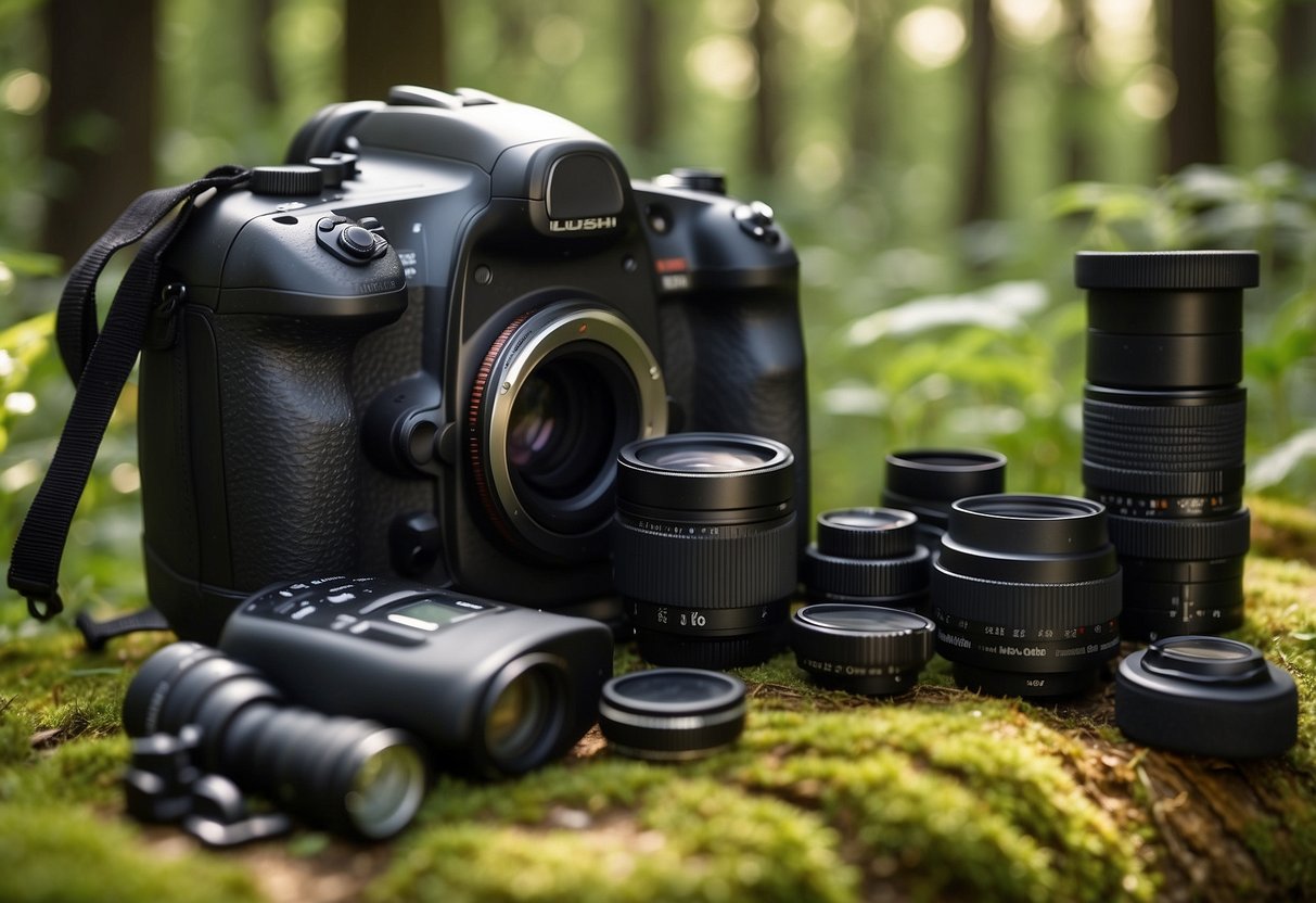 Lush forest with diverse wildlife, binoculars and camera gear, backpack, map, and field guide. Bright sun and clear skies. Peaceful and serene atmosphere