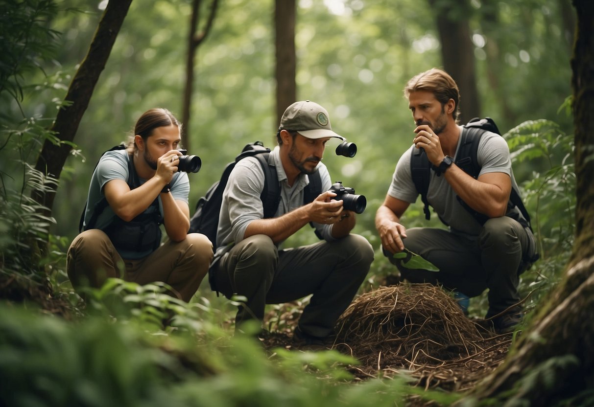 Animals foraging, nesting, and interacting in their natural habitat. Birdwatchers with binoculars and cameras. Lush vegetation and diverse wildlife