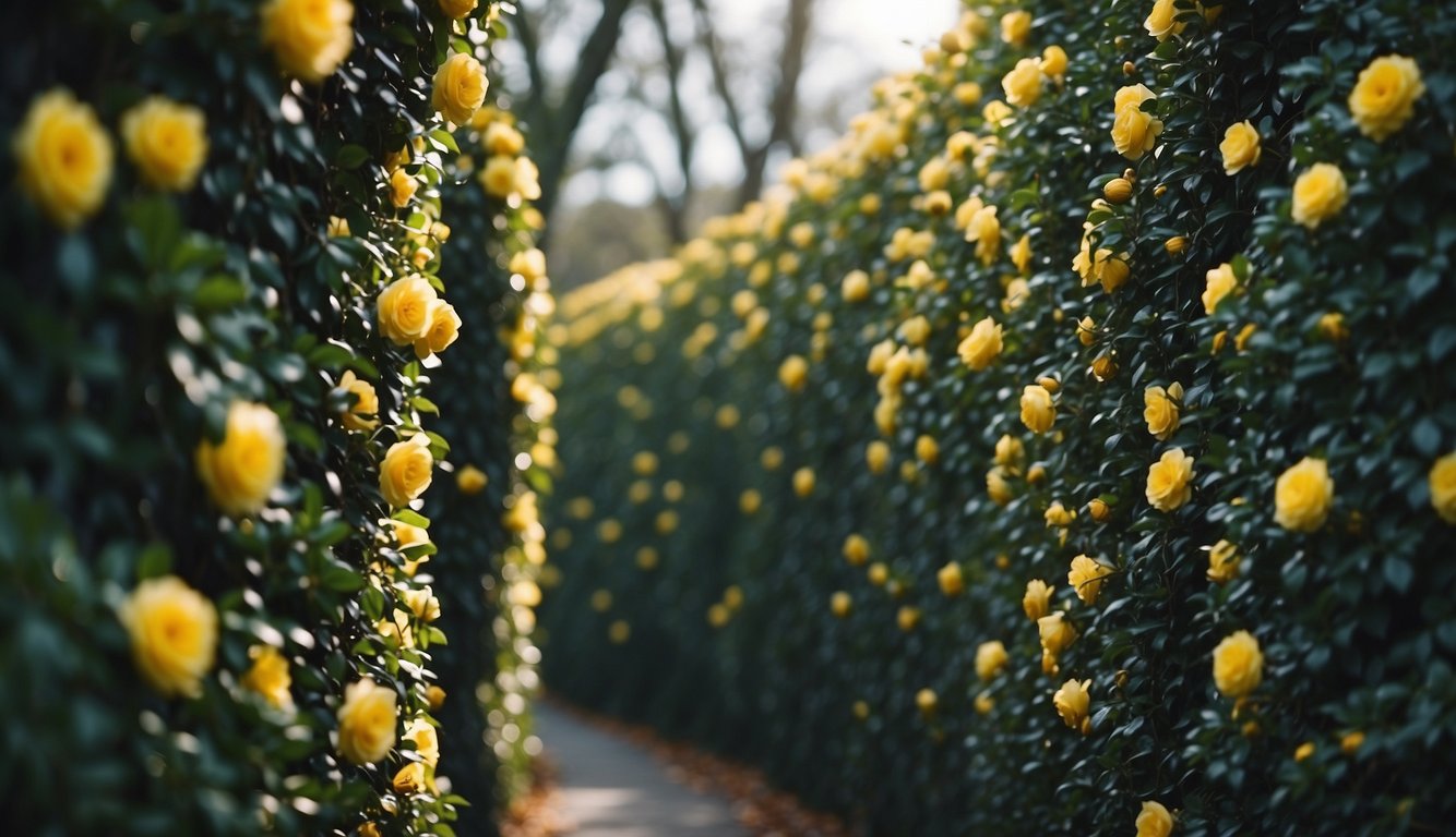 A dense camellia hedge, tangled and overgrown, blocks a narrow path. Twisted branches and sharp thorns create a barrier