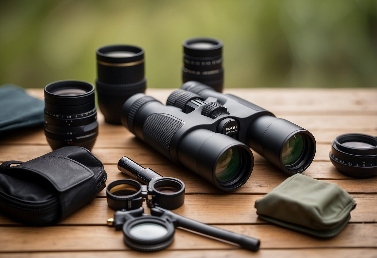 A wildlife watcher sets up a high-quality optics kit, preparing for a long-distance trip. Binoculars, camera, and field guide lay on a wooden table