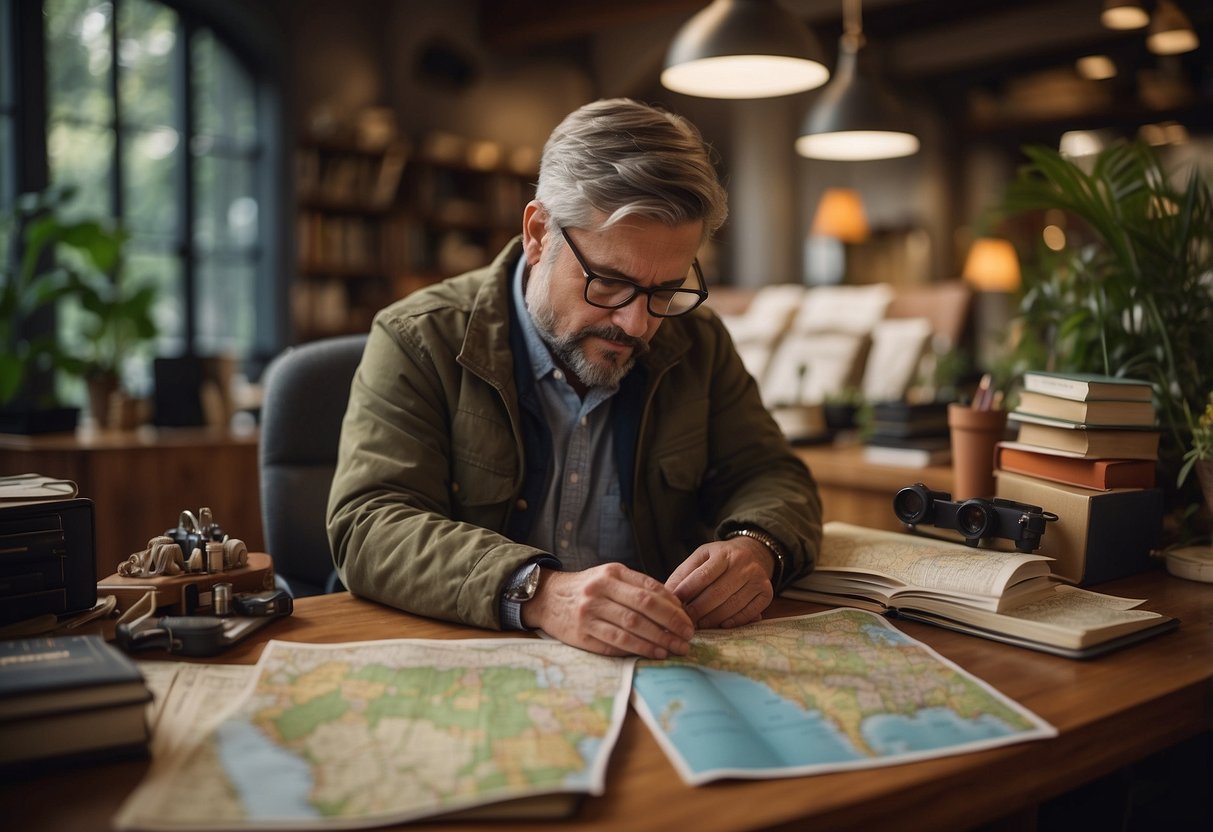 A wildlife watcher sits at a desk, surrounded by maps and guidebooks. They are carefully planning their itinerary, making sure to include time for rest and relaxation