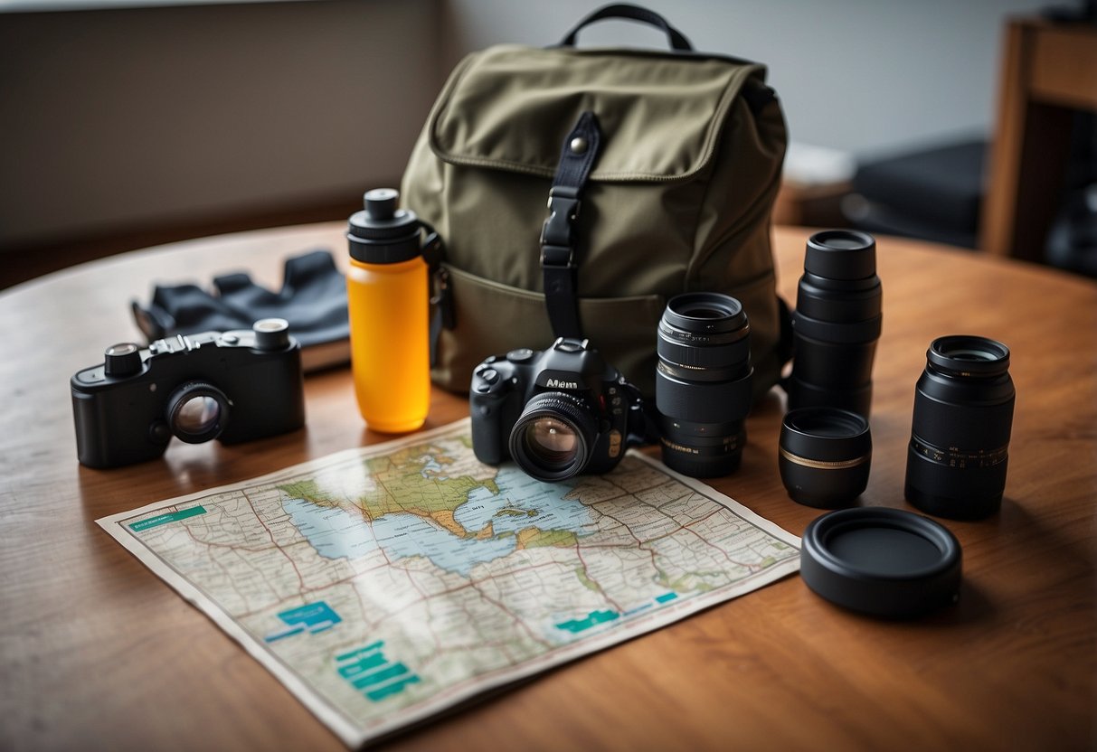 A backpack with binoculars, first aid kit, water bottle, map, compass, and flashlight laid out on a table