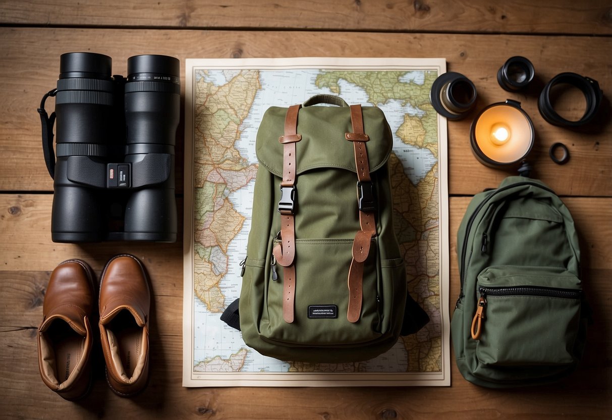 A pair of binoculars, a map, and a field guide lay on a rustic wooden table next to a sturdy backpack and a pair of hiking boots. The soft glow of a lantern illuminates the scene, creating a sense of anticipation for the