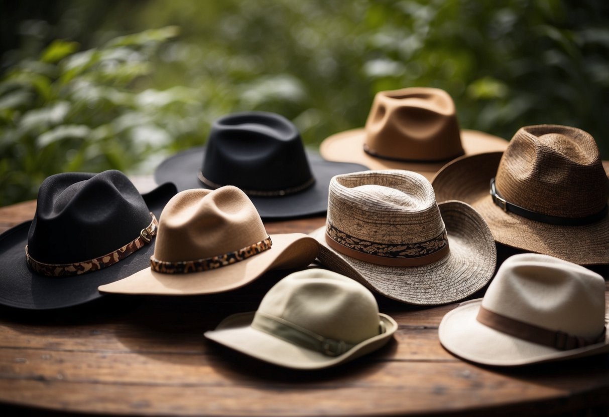 A group of lightweight, wide-brimmed hats sit atop a wooden table, each adorned with earthy tones and subtle wildlife patterns. The hats are surrounded by binoculars, field guides, and a map, hinting at an upcoming wildlife-w