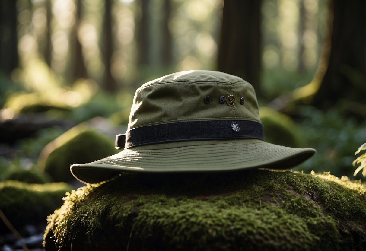 A sunlit forest clearing with a stream, surrounded by tall trees and vibrant wildlife. A Tilley LTM6 Airflo Hat rests on a mossy rock