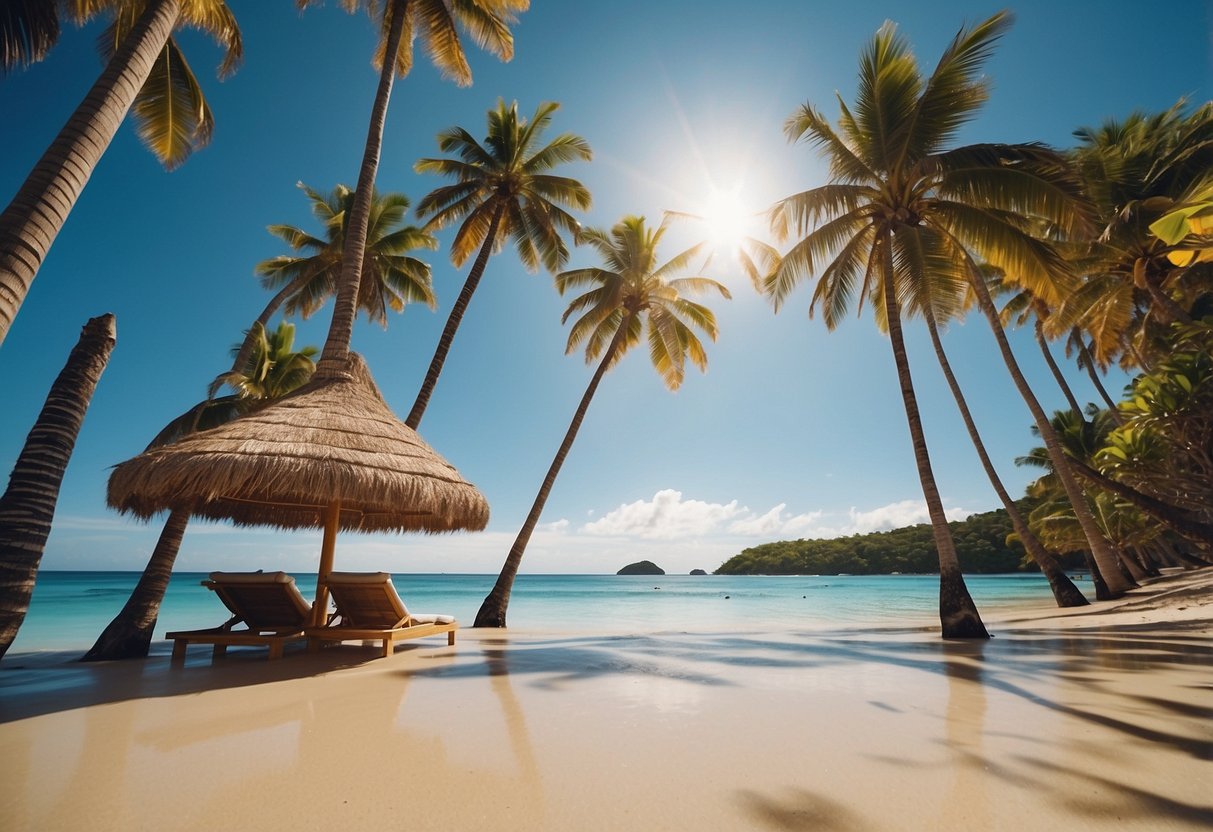 A tropical beach with palm trees, clear blue water, and colorful wildlife. The sun is shining, and a Columbia Bora Bora Booney II hat is placed on the sand