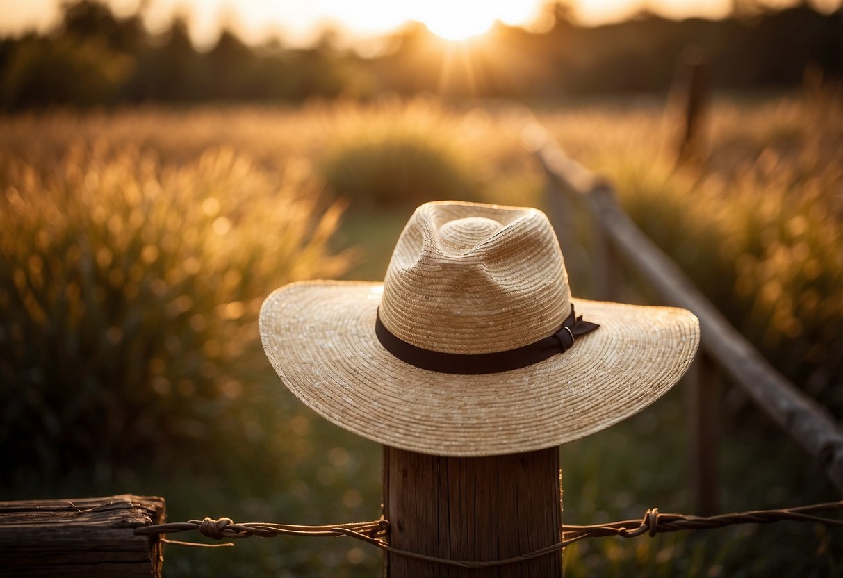 A sun hat sits atop a weathered wooden fence post, casting a shadow in the golden light of sunset. The hat's wide brim and breathable fabric make it perfect for wildlife watching in the great outdoors