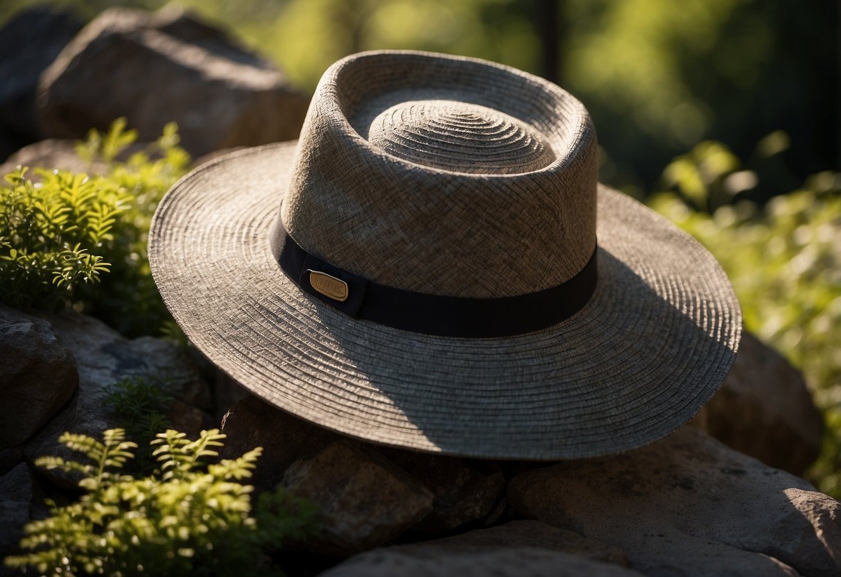 A wide-brimmed hat rests on a rocky ledge, surrounded by lush greenery and wildlife. The sun shines down, casting dappled shadows on the hat's surface