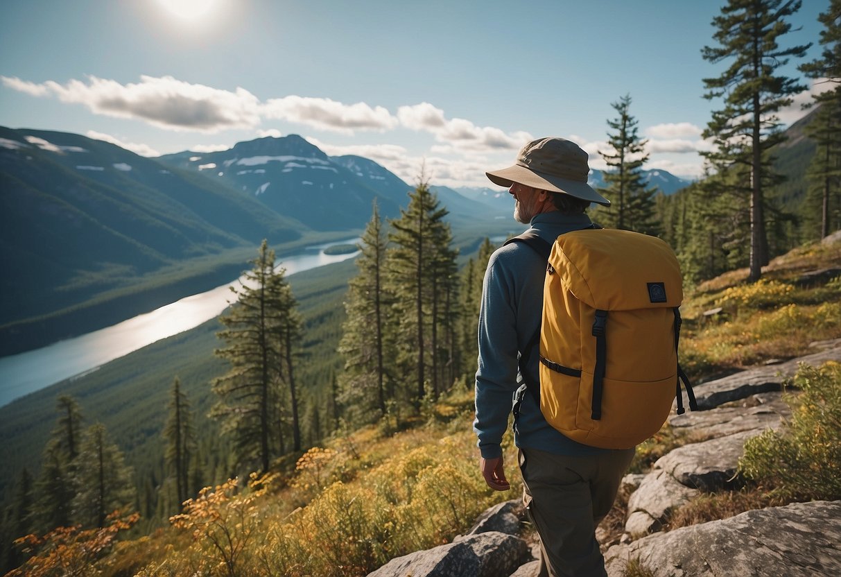 A bright, sunny day in the wilderness. A hiker wears a Fjällräven Abisko Sun Hat, surrounded by trees and wildlife