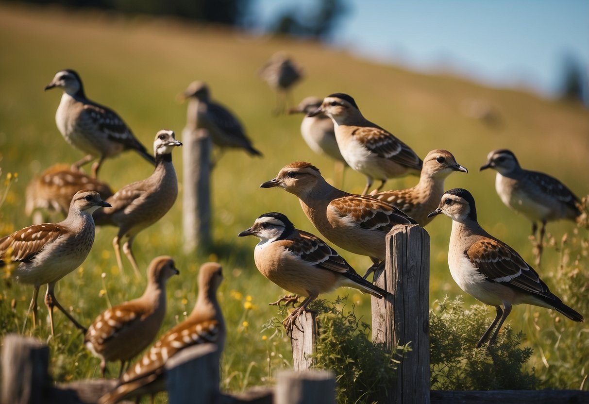 A sunny meadow with a variety of wildlife, including birds, deer, and small mammals. The hats are strategically placed on a wooden fence post, with a clear blue sky in the background