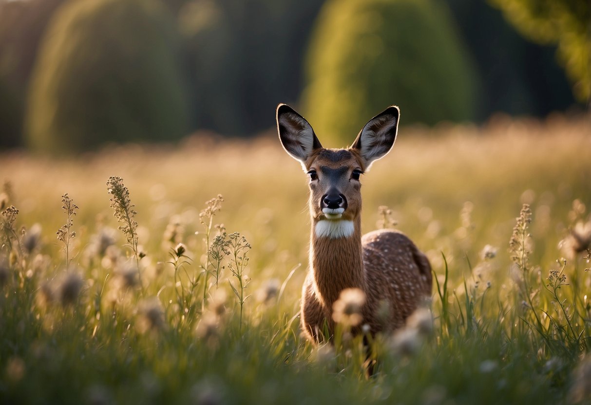 A sunny meadow with a variety of wildlife, including birds, deer, and rabbits. A person wearing a lightweight hat is quietly observing the animals from a comfortable distance