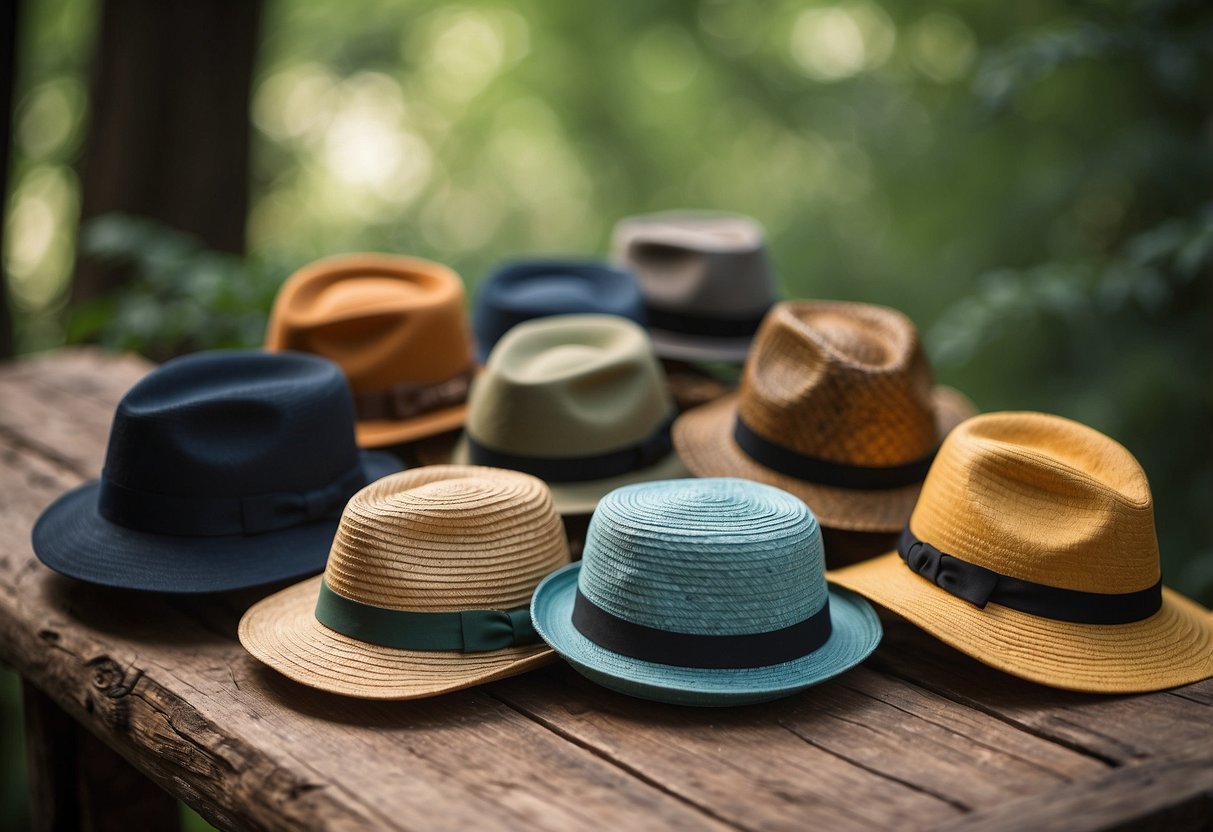 A table with 5 different lightweight hats, each with a unique design and color, surrounded by nature and wildlife elements