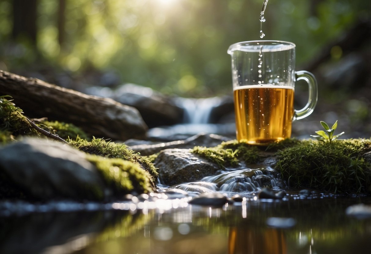 Animals drink from a clear stream, while a small filter hangs from a tree branch. A solar still collects water, and a rock-lined pit filters rainwater