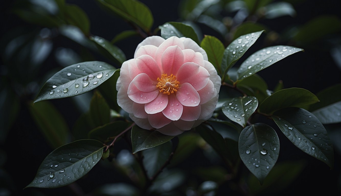 A single camellia flower droops, with petals glistening from tears, against a backdrop of dark, damp foliage