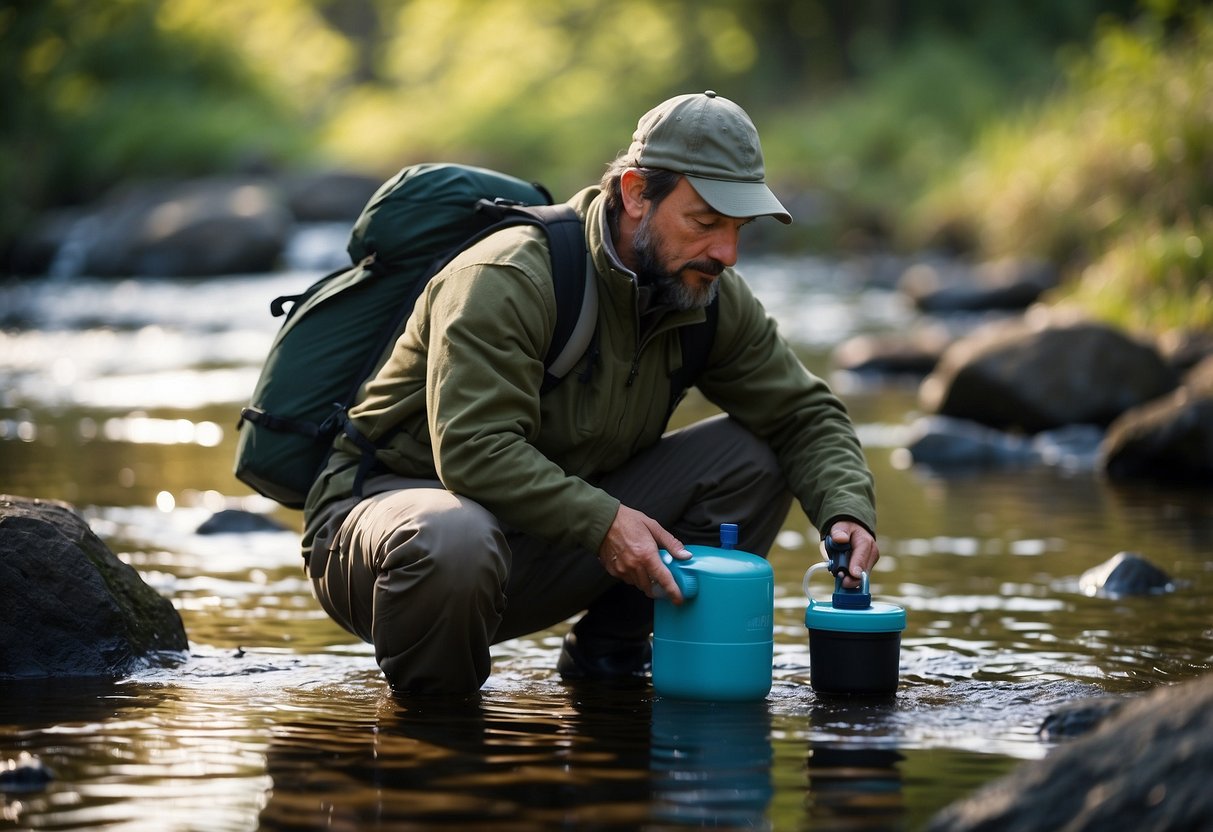 A wildlife watcher uses a portable water filter to purify water from a stream. The filter is compact and easy to use, allowing the watcher to stay hydrated while observing nature