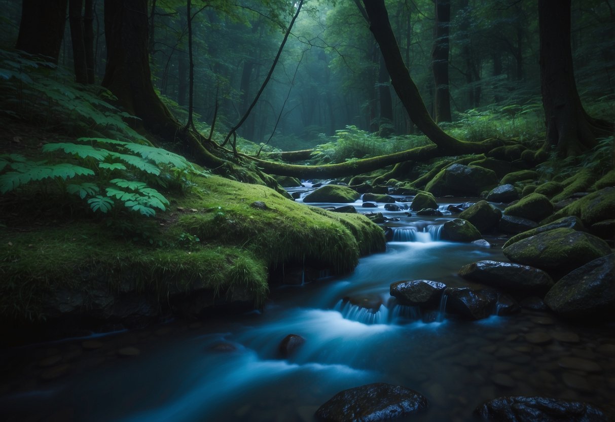 A serene forest stream glows under UV light purifiers as wildlife gathers to drink. Ten different purification methods are visible nearby