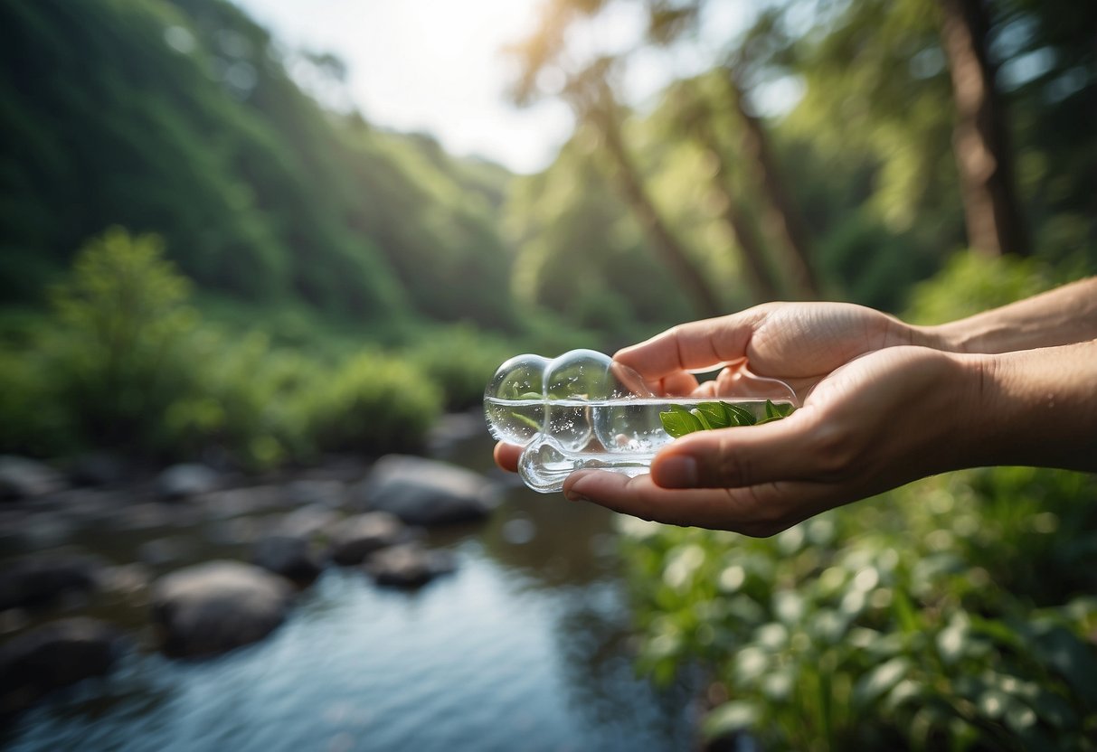 A person's hand drops water purification tablets into a clear stream, surrounded by wildlife and lush vegetation