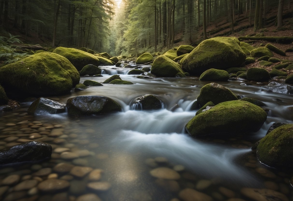 A serene forest stream flows gently over rocks. Nearby, a sand and gravel filter stands, purifying water as wildlife watches