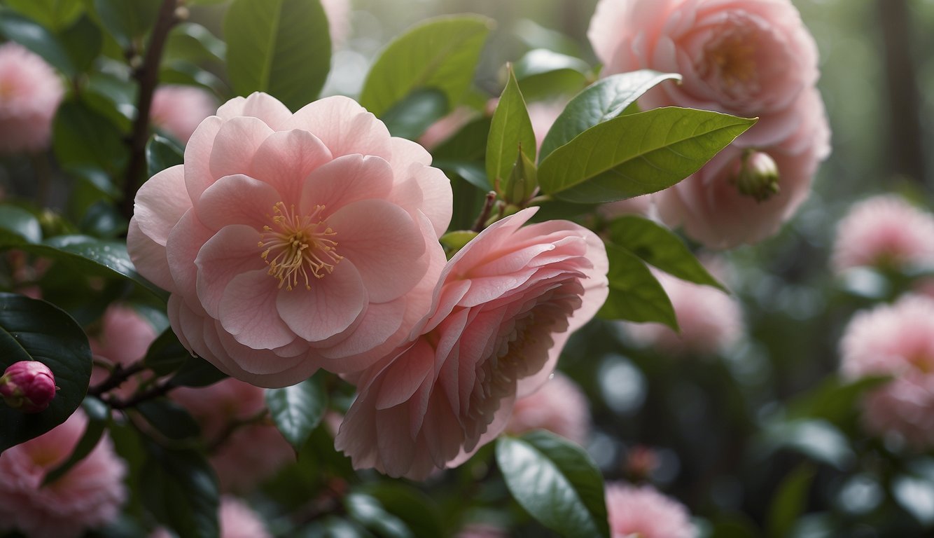 A weeping camellia tree stands in a serene garden, its delicate pink blossoms cascading gracefully, evoking a sense of elegance and beauty