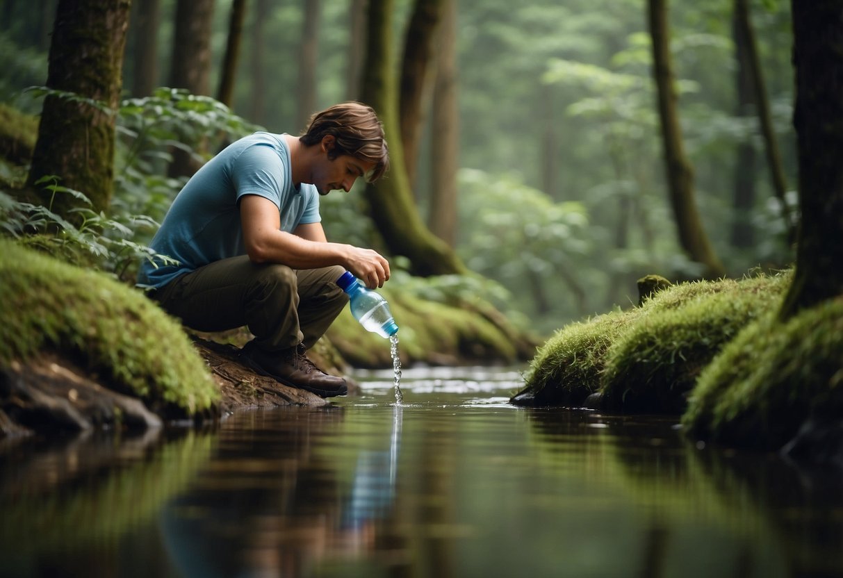 A person uses LifeStraw to purify water while observing wildlife in a serene forest setting. The clear stream flows gently through the lush greenery as the individual demonstrates various methods of water purification