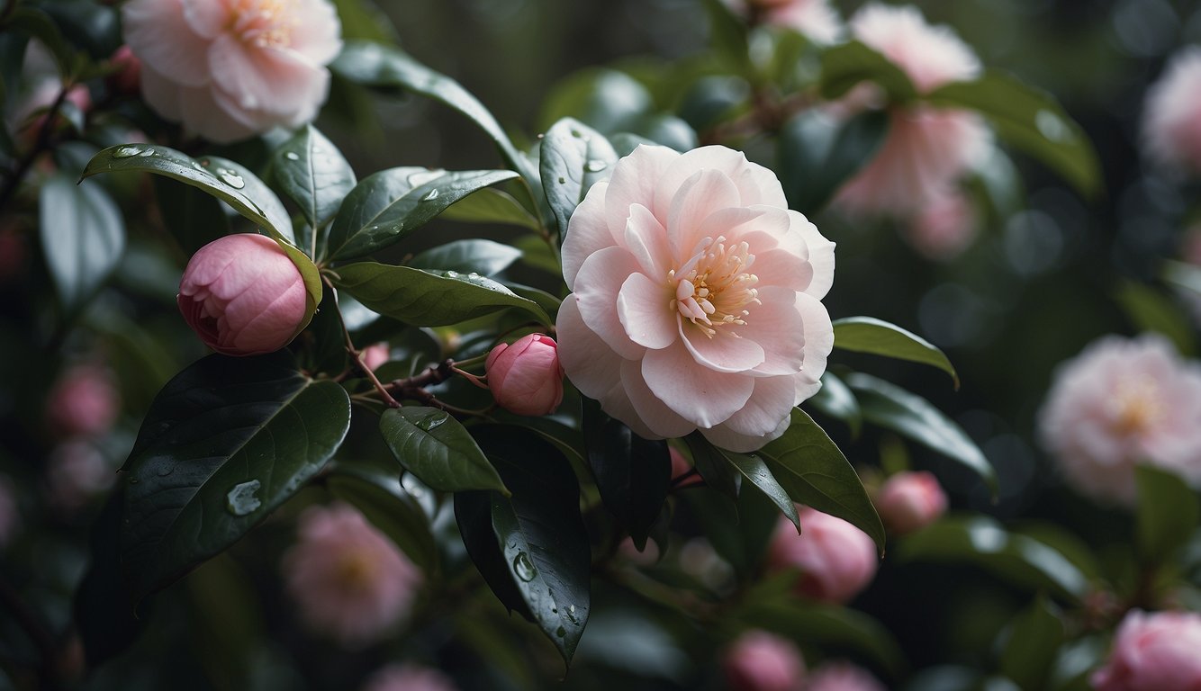 A weeping camellia with delicate, cascading branches and glossy, dark green leaves, adorned with elegant, pink or white blossoms