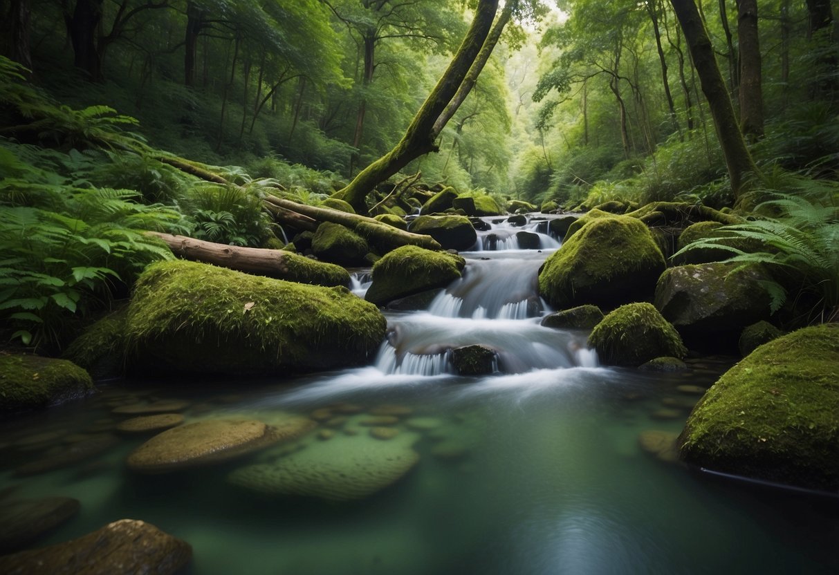 A serene forest stream flows through lush greenery, reflecting the vibrant colors of surrounding wildlife. A clear, clean water source provides essential hydration for animals and birds as they gather to drink and bathe