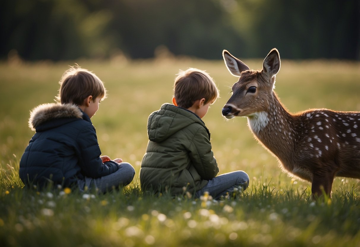 A group of children quietly observe a family of deer grazing in a meadow. They use binoculars and sit still, taking in the peaceful scene