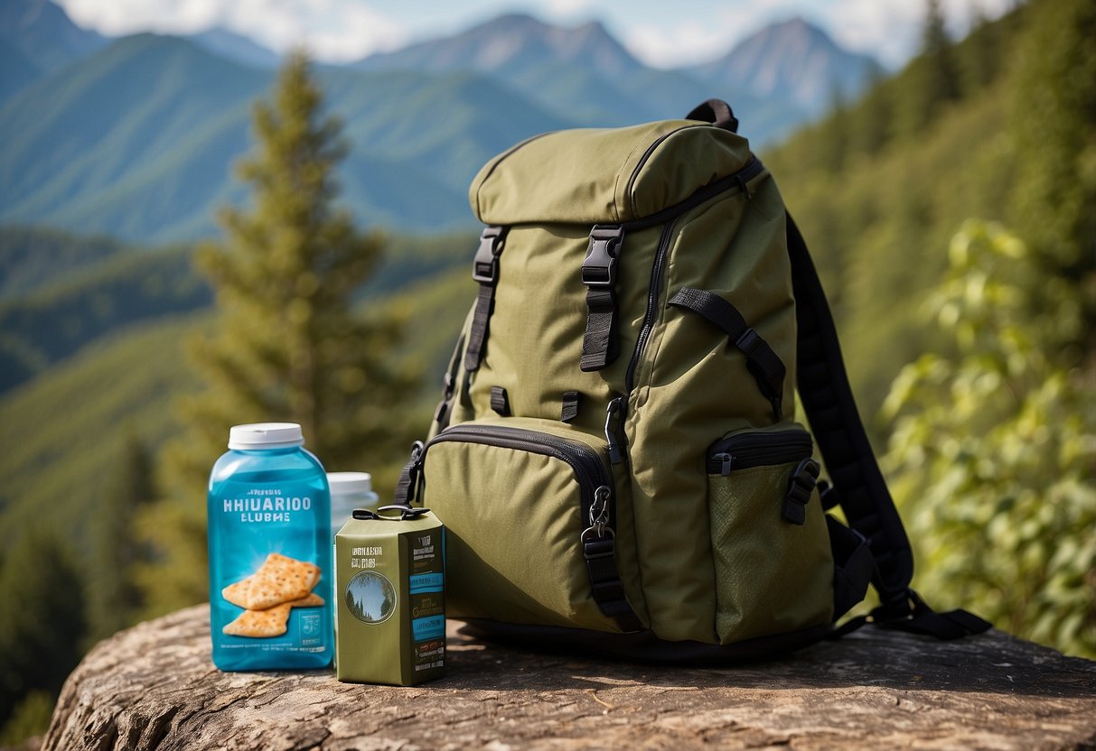 A backpack with snacks and water sits on the ground near binoculars and a wildlife guidebook. Trees and animals are visible in the background