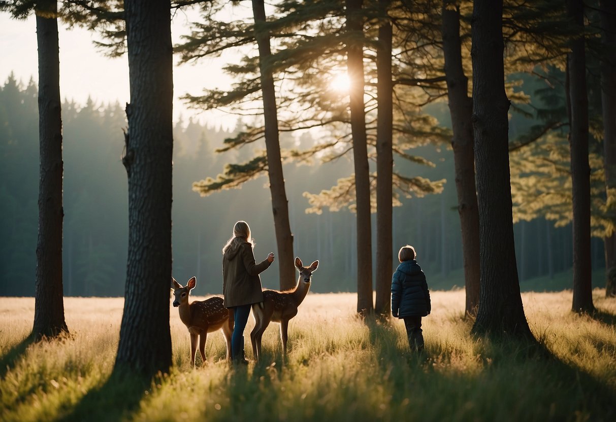 A family of four, bundled in layers, quietly observes a deer and her fawn grazing in a peaceful meadow surrounded by tall trees