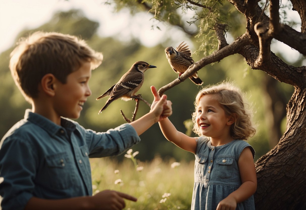 A child points excitedly at a bird perched on a tree branch, while a parent holds a field guide open, identifying the bird. Surrounding them are various animals and plants, as they engage in wildlife watching