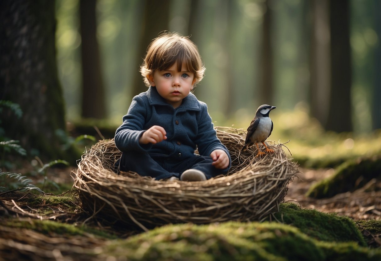 A child sits still in a forest clearing, eyes fixed on a bird's nest. Animals move freely around, undisturbed by the quiet observer