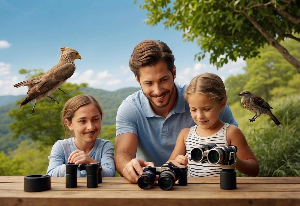 A family sets up binoculars and a wildlife guidebook on a picnic table, surrounded by lush greenery and chirping birds. A child eagerly points to a distant tree, while a parent adjusts the camera settings