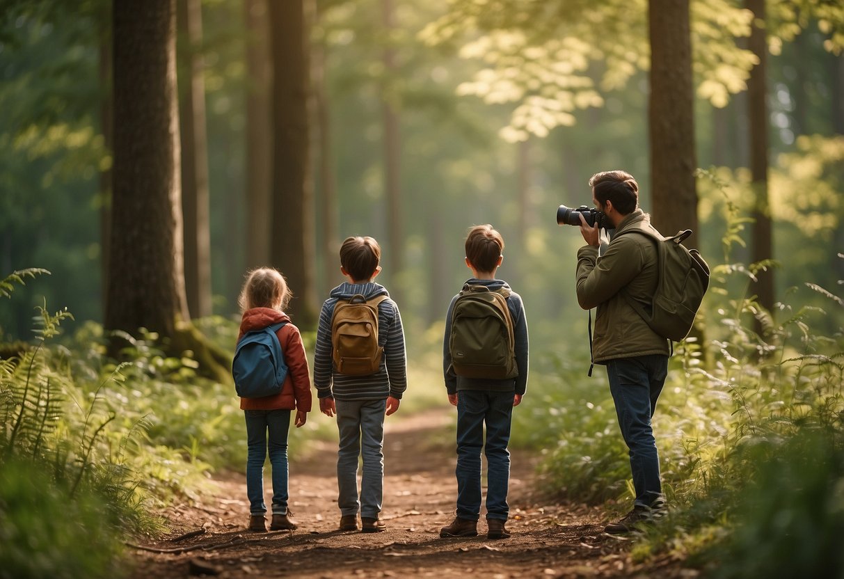 A family of four watches a deer from a safe distance in the forest, using binoculars and staying quiet. They follow the 7 tips for wildlife watching with kids