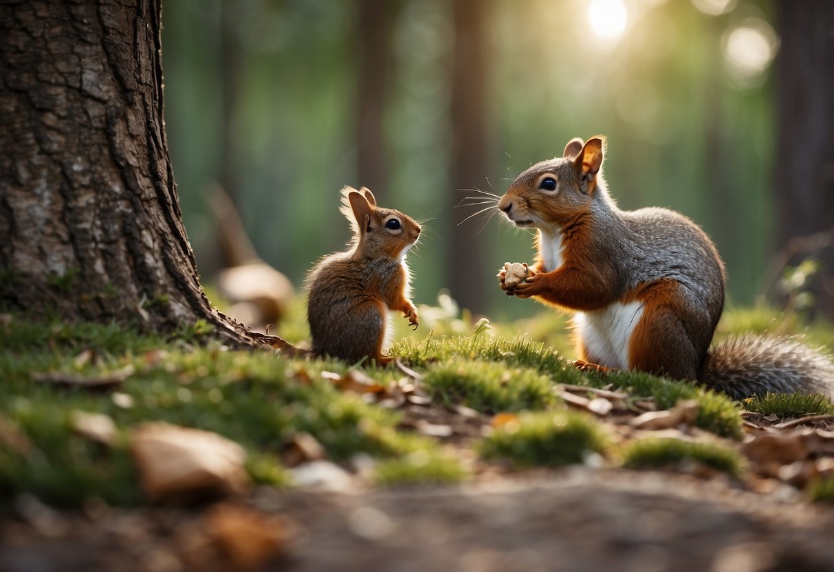 Wildlife watching scene with lightweight food options: birds feeding on seeds, squirrels nibbling on nuts, and deer grazing on grass in a tranquil forest setting