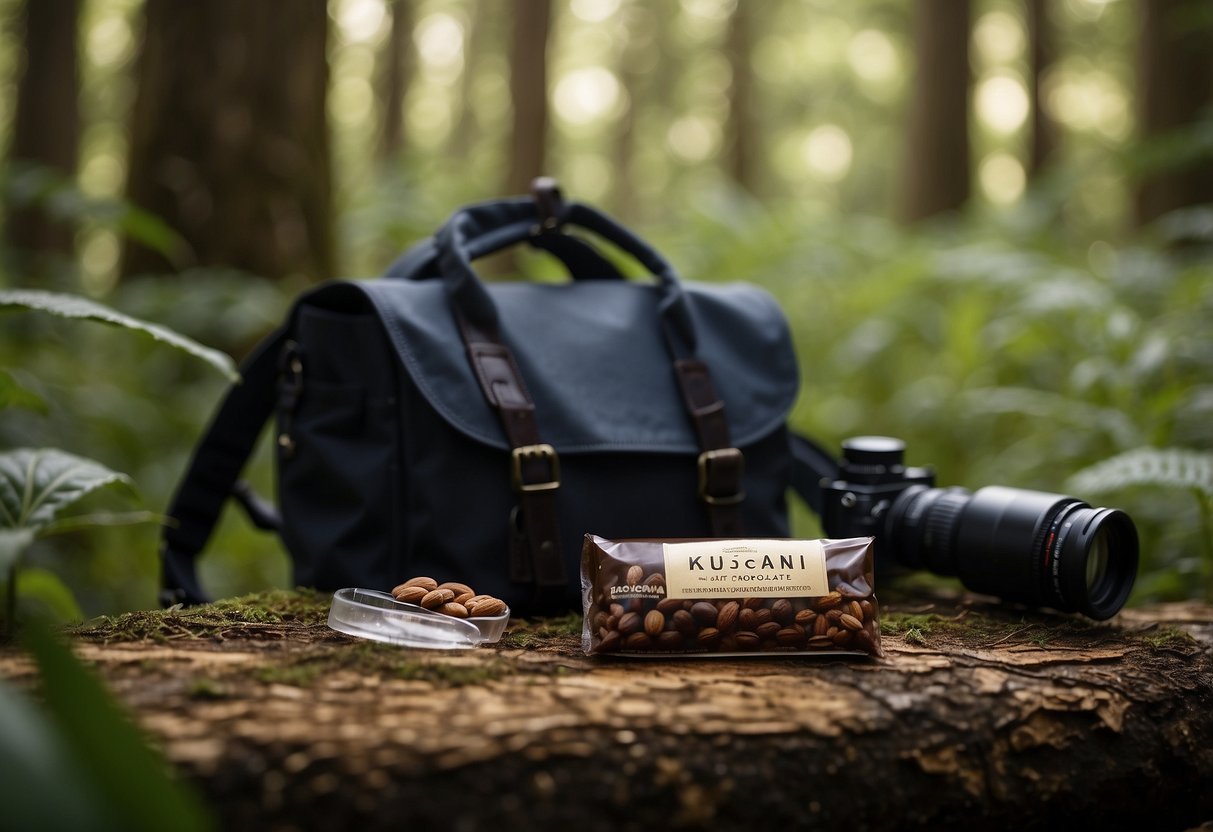 A Kind Bar Dark Chocolate Nuts & Sea Salt sits on a backpack next to binoculars and a field guide in a lush forest clearing