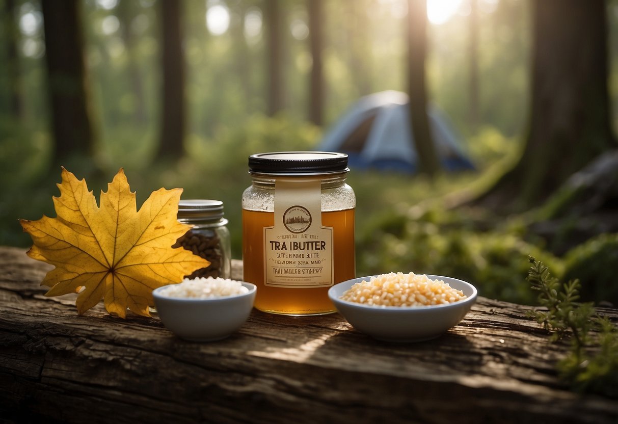 A jar of Trail Butter Maple Syrup & Sea Salt sits next to a lightweight food bag, binoculars, and a field guide in a woodland setting