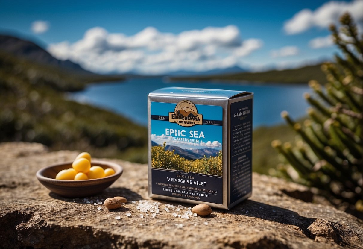 A colorful, rugged landscape with a clear blue sky, showcasing a small, lightweight package of Epic Provisions Venison Sea Salt Pepper Bar, surrounded by nature and wildlife