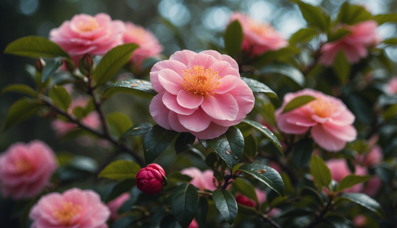 A garden of Camellia sasanqua, star above star, blooming in vibrant colors