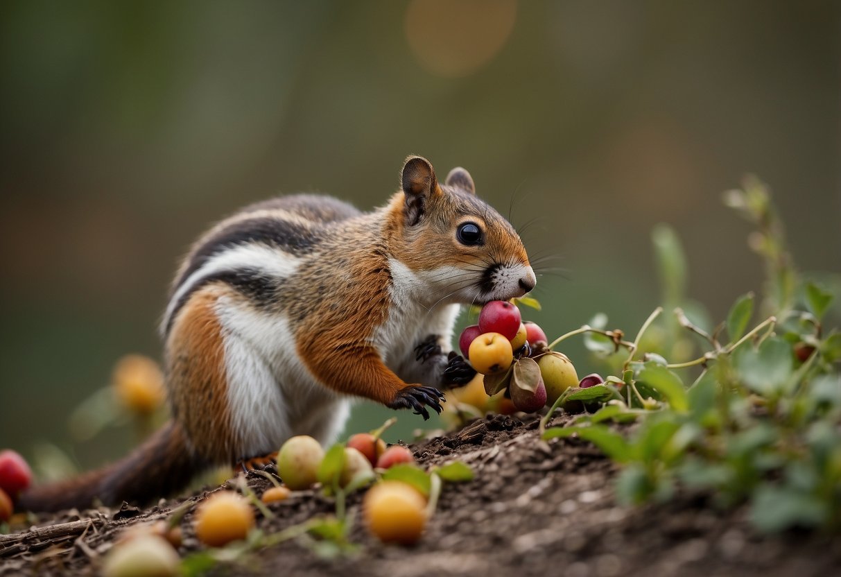 Wildlife feasting on berries, nuts, and seeds. A variety of lightweight food options scattered on the ground. Animals enjoying the nutritional benefits