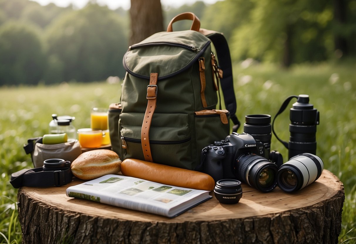 A backpack with lightweight food items, binoculars, and a field guide laid out on a grassy clearing surrounded by trees, with birds and wildlife in the background